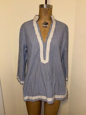 Castaway Blue and White Striped Popover with Contrast Trim
